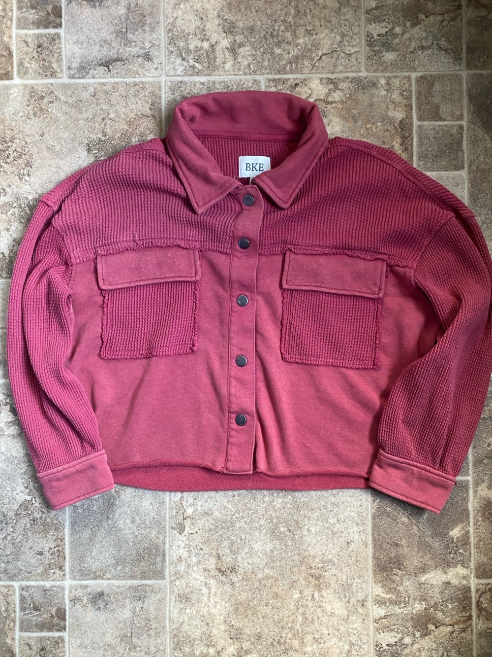 BKE Rose-Mauve Women’s Large Waffle Knit Shacket Streetware Trendy Lightweight